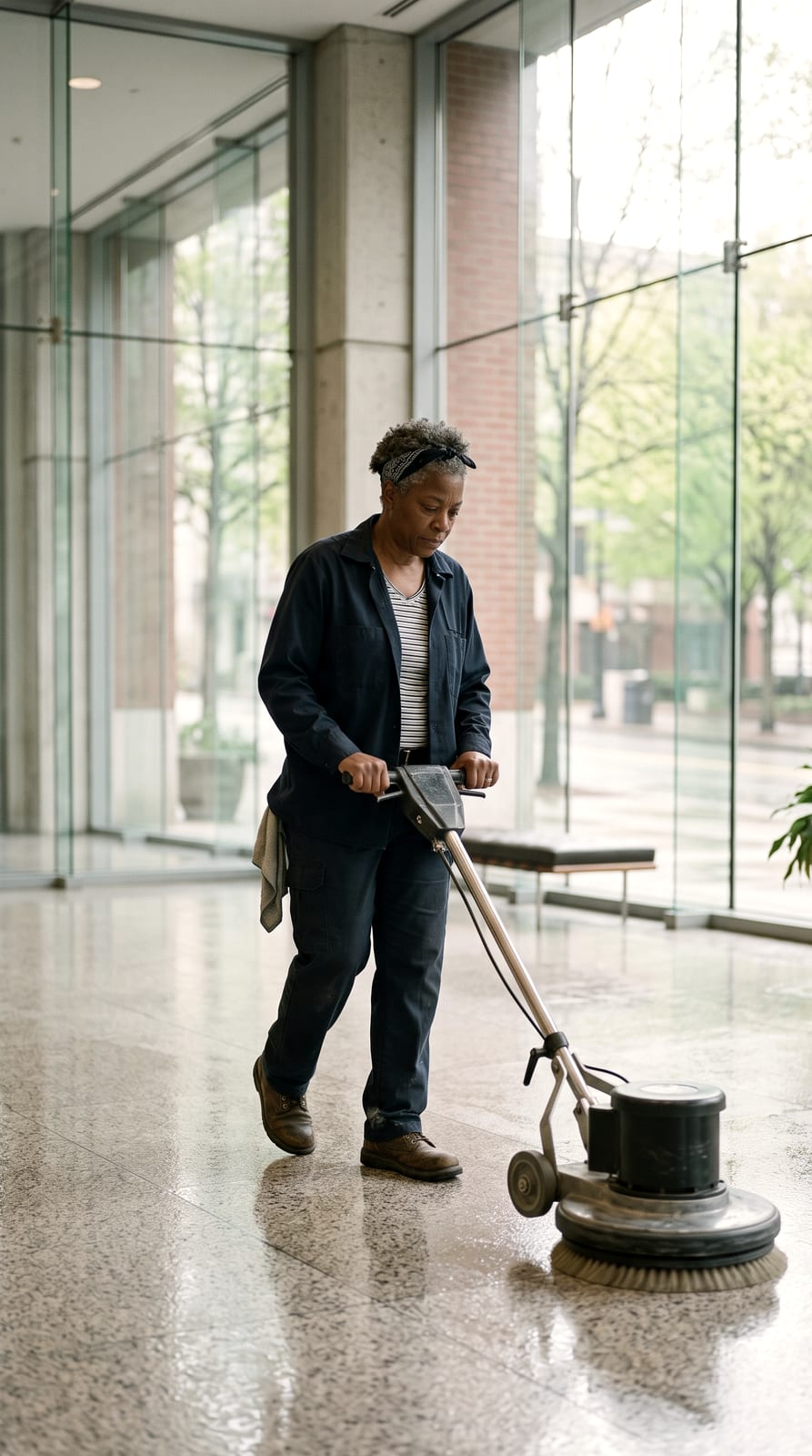 A cleaner running a floor polisher across an office lobby before opening.