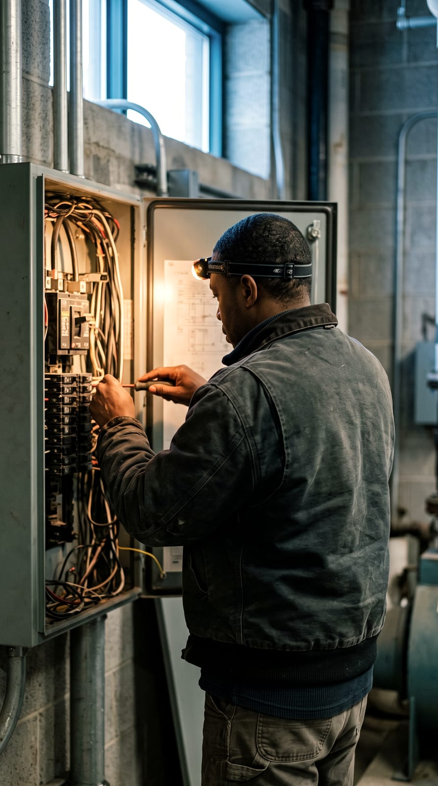 An electrician working at an open panel in a building plant room.