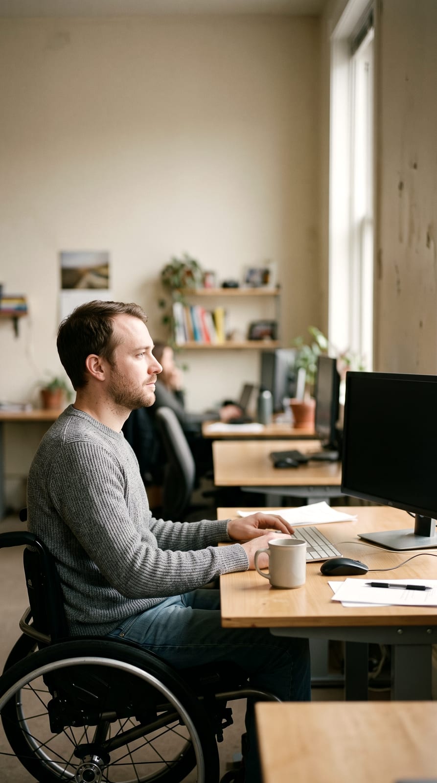 A founder working at an accessible-height desk in a small software office.