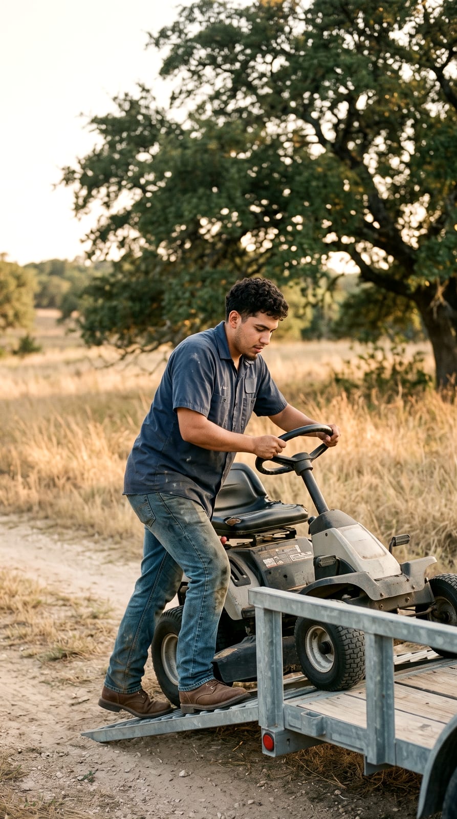 A landscaper loading a riding mower onto a trailer at golden hour.