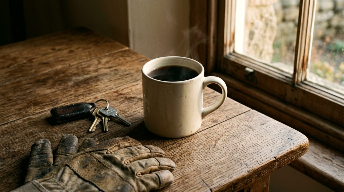 A mug of black coffee, a set of keys and a pair of worn work gloves on a wooden table beside a window at dawn.