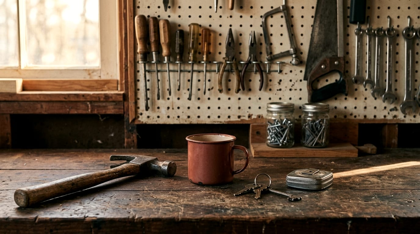 A small-business workbench in late afternoon light: a claw hammer, an enamel mug, keys and a tape measure on a scuffed wooden surface, with hand tools hanging on a pegboard behind.